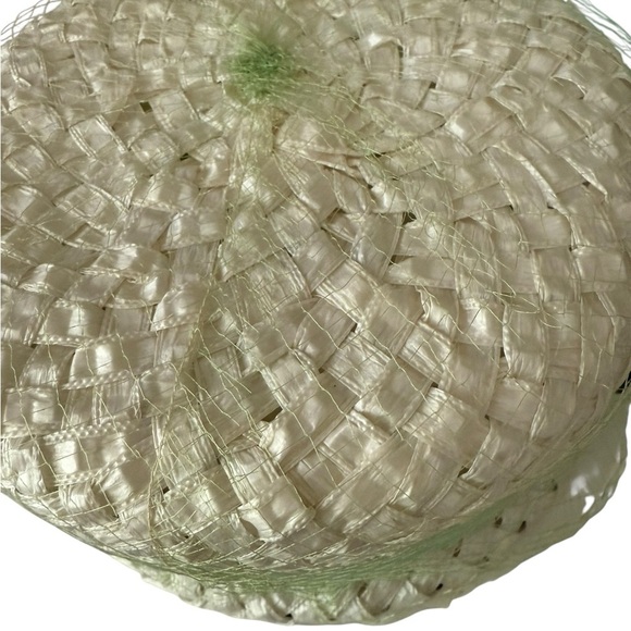 Woven Straw/Netting Cloche  Hat Bucket Style Green Ribbon 8 in Church Easter - Picture 5 of 9